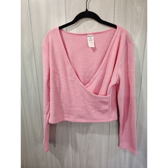 No Boundaries Pink Knit Cropped Sweater Faux Wrap Size L 12/14 Y2K Barbie - Picture 1 of 6